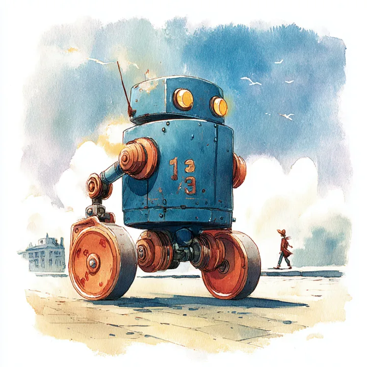 Watercolor illustration of a cozy study workspace with a robot and person learning together